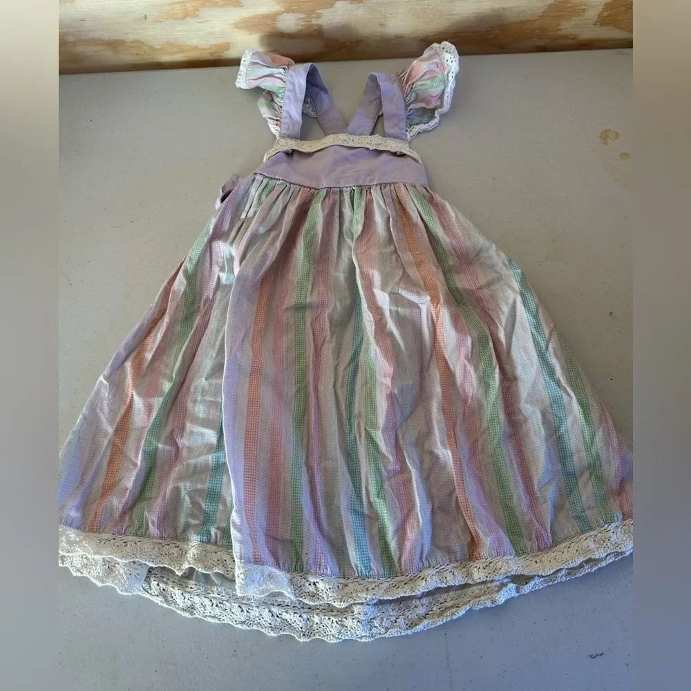Little Prim Pastel Striped Dress with Lace Trim